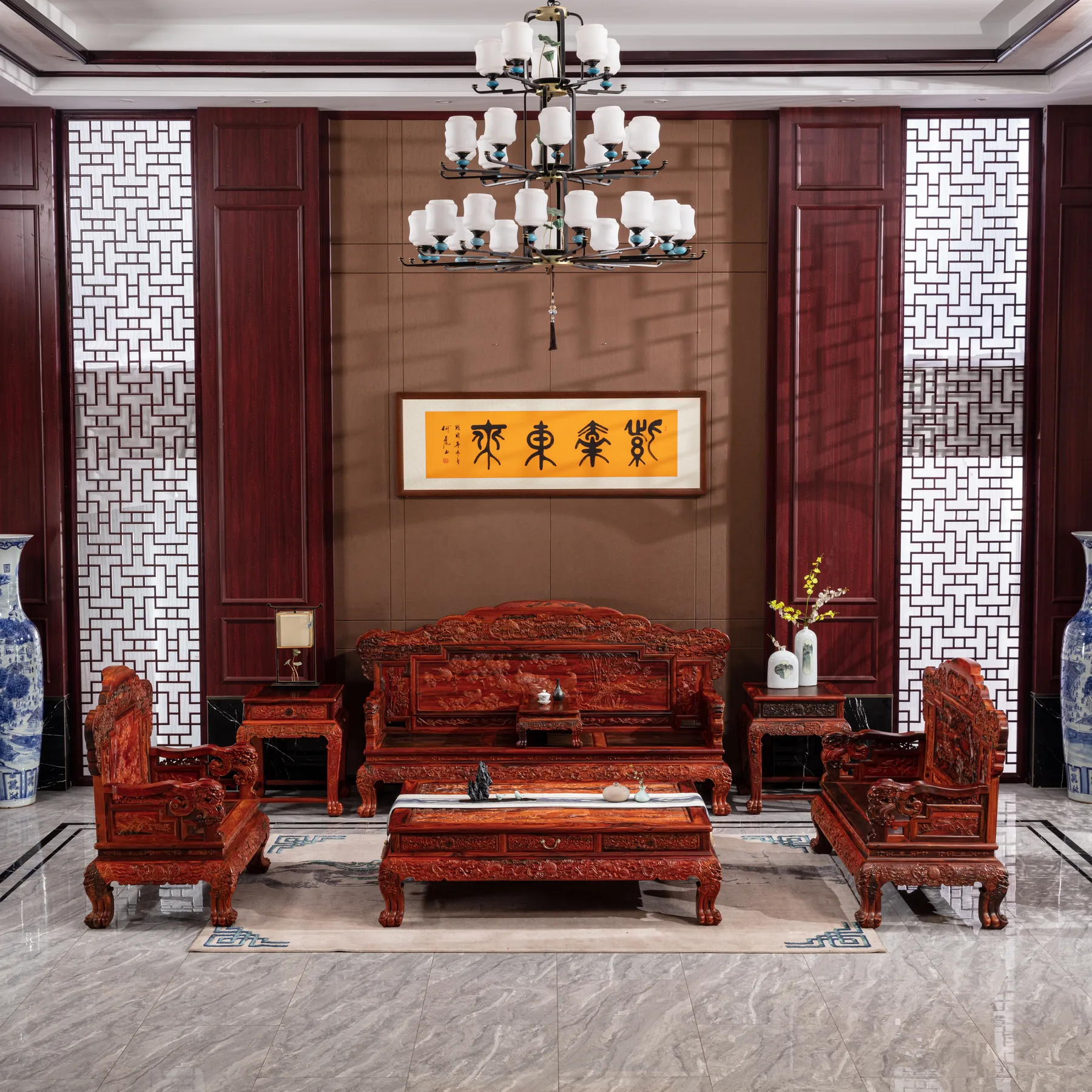 微凹黄檀孔雀开屏沙发实景